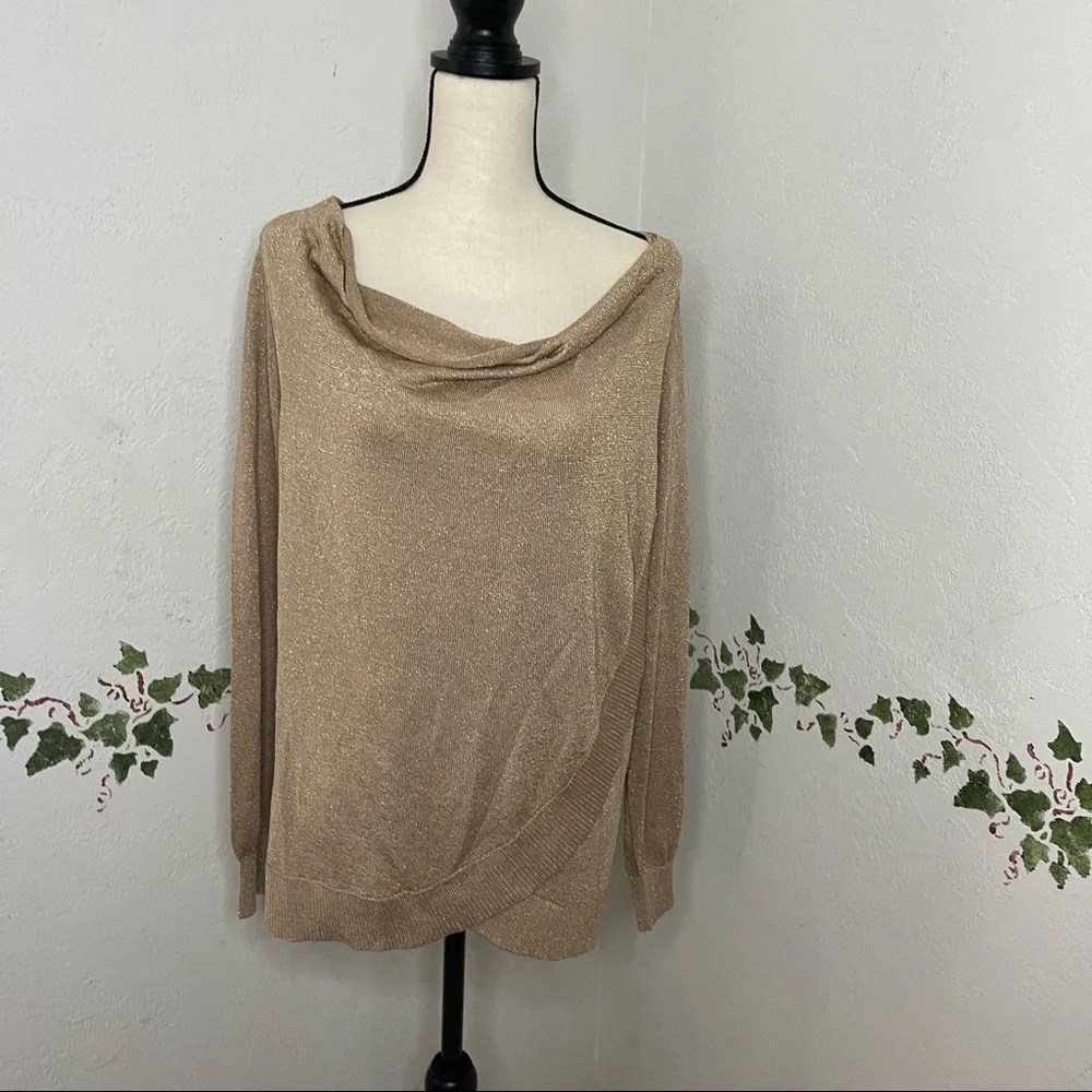 International Concepts INC Womens Gold Metallic Long Sleeve Scoop Neck Faux Wrap - Picture 5 of 15